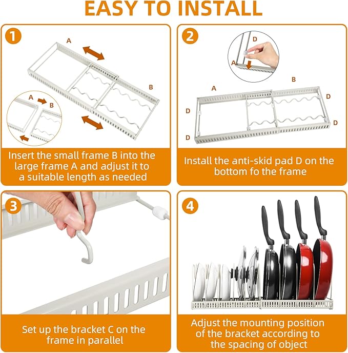 ROOHUA Pot Rack - Expandable Pot & Pan Organizer for Cabinet, 10 Adjustable Compartments (Apricot, 10)