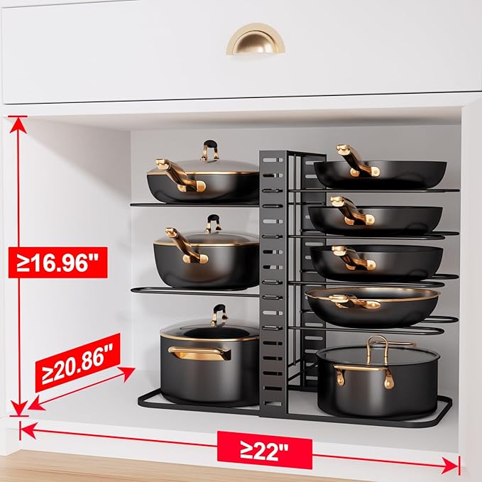 MUDEELA Pots and Pans Organizer : Rack under Cabinet, 8-Tier Kitchen Cabinet Organizers and Storage, Light-Duty Adjustable Pot Racks, Pan Organizers inside Cabinet with 3 DIY Methods