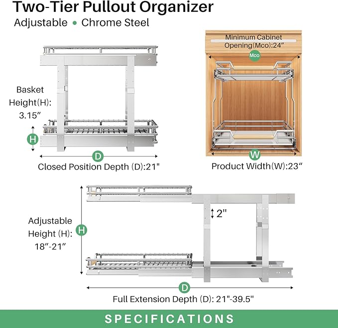 Kitstorack Pull out Cabinet Organizer,2 Tier Heavy Duty Smooth Sliding Under Cabinet Shelves for Pots and Pans,Roll out Drawers with Thickened Chrome Plating(23" W X 21" D)