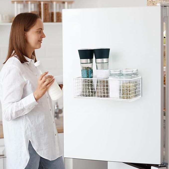 2 Pack Magnetic Basket for Fridge Magnetic Fridge Shelf Versatile Metal Organizer Storage Bin Moveable Strong Magnetic Spice Rack Organizer for Home Kitchen Office Refrigerator Holds