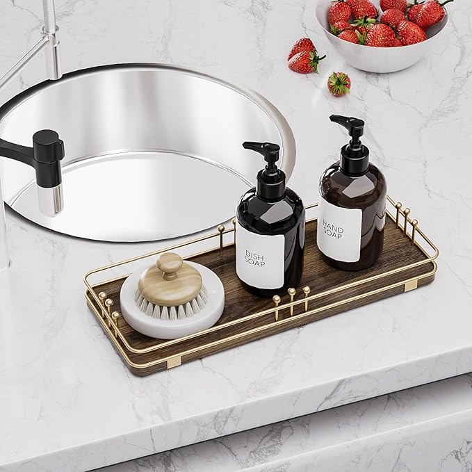 Bathroom Vanity Tray for Countertop Toiletries Perfume Makeup Soap Dispenser Toilet Tank, Kitchen Tray for Salt Spice, Decor Tray for Candle Nightstand Coffee 11.3”x 4.4” Brown-Gold