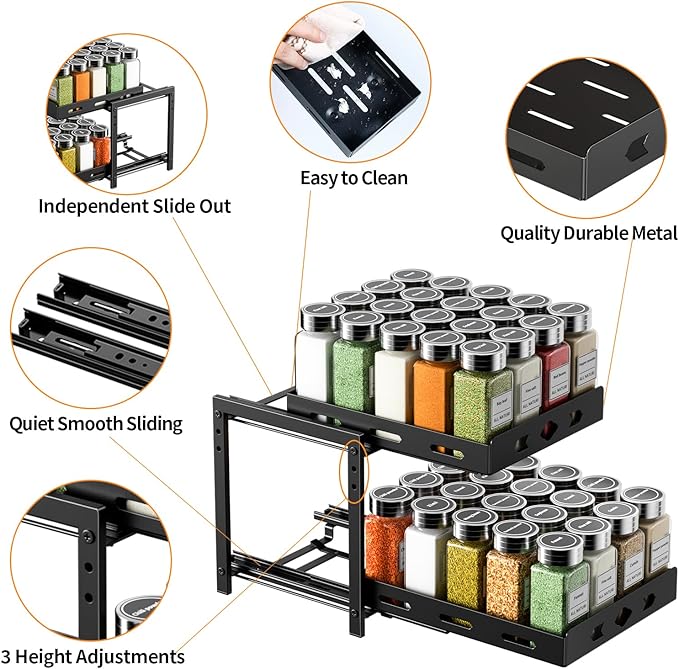 RCHYFEED Pull Out Spice Rack Organizer for Cabinet, 2-Tier Heavy Duty Slide Out Spice Rack for Inside Cabinets & Pantry, Kitchen Seasoning Organizer Vertical Spice Racks,9.5" Wx10.8 Dx9.7 H,Black