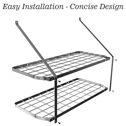 Vdomus Hanging Pot and Pan Rack, 13.7" Dx29.5 Wx10.6 H - 2-Tier Wall Mounted Kitchen Shelves - Heavy-Duty Cast Iron Cookware and Utensils Storage - Tiered Multipurpose Organizer with Moveable Hooks