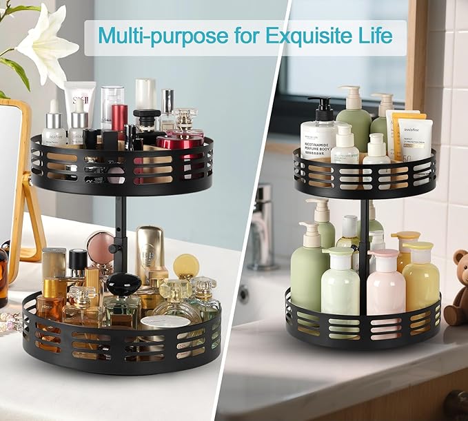 Lazy Susan Organizer,4 Adjustable Heights Lazy Susan Turntable for Cabinet,2-Tier Snack Organizer for Pantry Shelf,Rotating Spice Rack,Wood Condiment Seasoning Organizer for Spices, Makeup,Snack
