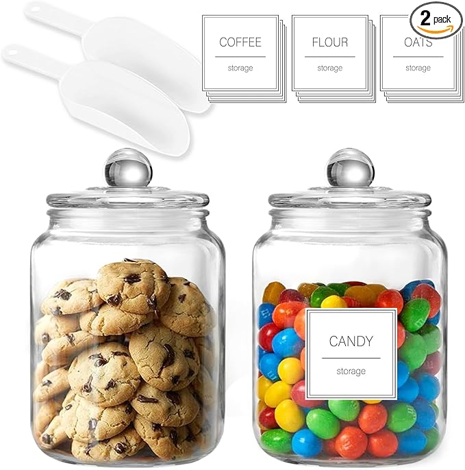 Half Gallon Large Glass Jars with Lids, Airtight Storage Clear Containers for Cookie, Candy, Flour, Sugar, Coffee, Food Organization Canisters for Kitchen, Laundry Room and Pantry, Set of 2