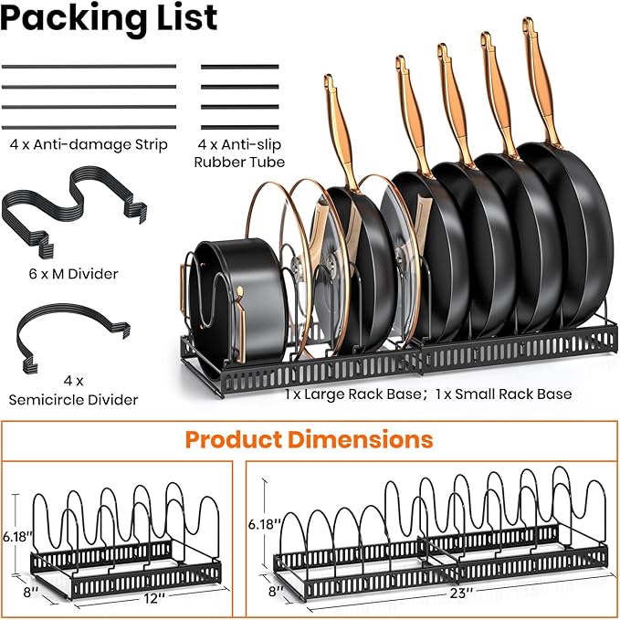 MUDEELA Pots and Pans Organizer : Rack for under Cabinet, Expandable Pot Lid Kitchen Cabinet Organizer Holder with 10 Adjustable Compartment, for Cutting Board, Cast-iron Pan, Heavy Cookware