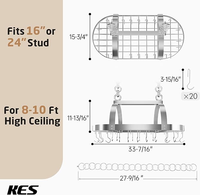 KES Hanging Pot Rack Ceiling Mount, Pot and Pan Rack, Pot Hanger, Kitchen Storage, Pot Rack Organizer with 20 S Hooks, Chrome, KUR221S85-CH