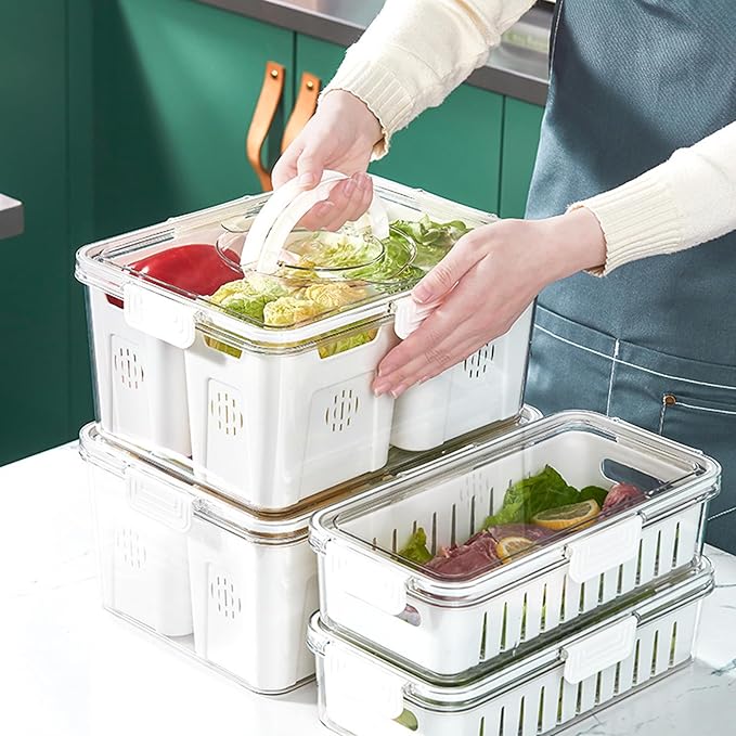 Refrigerator Organizer With Lids (2 Compartments), Fridge Storage Containers, Clear Organizers, Stackable With Lid