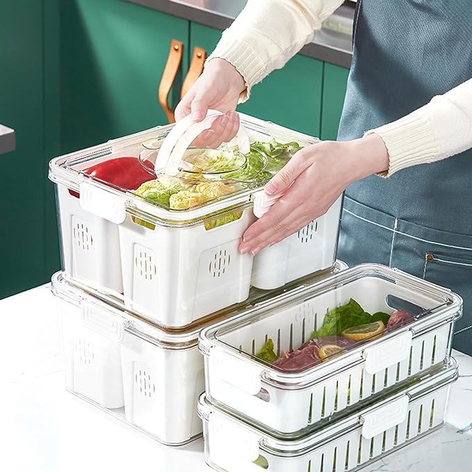Refrigerator Organizer With Lids (3 Compartments), Fridge Storage Containers, Clear Organizers, Stackable With Lid