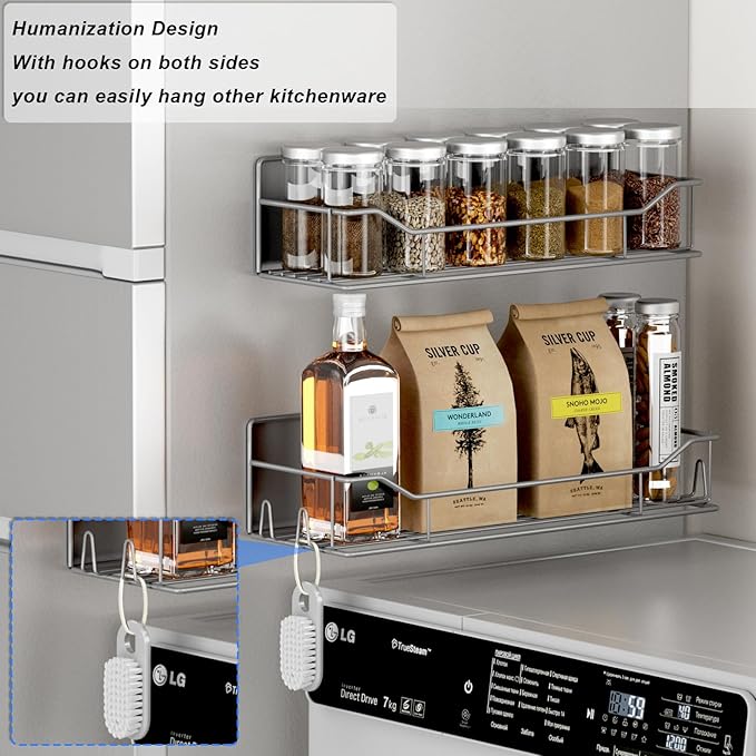 Magnetic Spice Rack for Refrigerator,8 Pack Magnetic Fridge Shelf, Moveable Spice Organizer with Hook Rack, Paper Towel Holder, Utensil Holder,cup lid holder, Super Magnetic Rack Set (Grey)