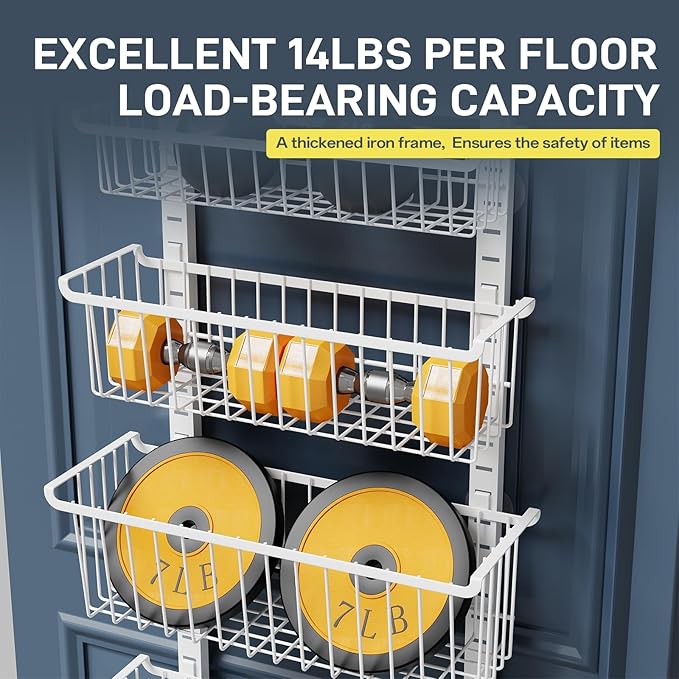 Over The Door Pantry Organizer, 8-Tier Over The Door Organizer with Adjustable Baskets, Metal Hanging Spice Rack for Pantry Organizers and Storage, Suitable for Kitchen Laundry Room & Bathroom, White