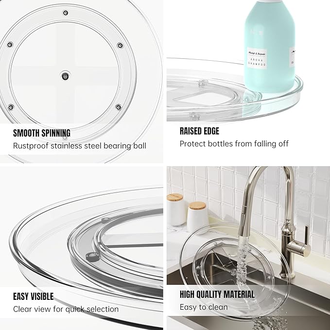 10.6 Inch Clear Lazy Susan Turntable Cabinet Organizer, Rotating Spice Rack Pantry Organization and Storage for Kitchen, Bathroom Makeup Vanity Countertop, Fridge,4-Pack