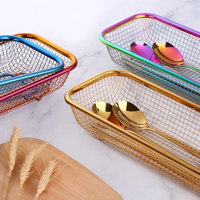 Kitchen Flatware Drawer Organizer, 2pcs Stackable Mesh Cabinet Storage Basket, Stainless Steel Kitchen Utensils Filter Drying Rack Holder for Knives, Fork, Spoon Chopsticks Silver