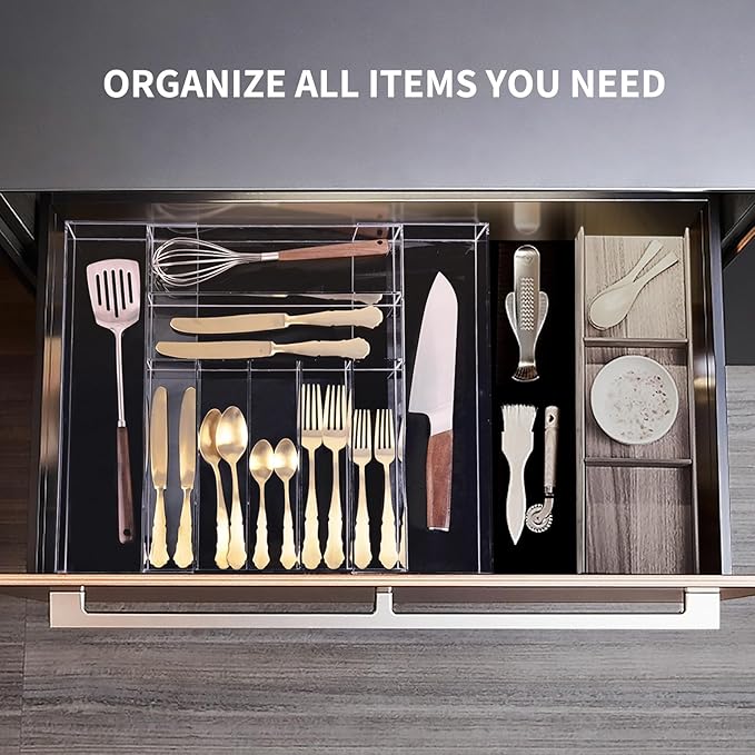 Clear Acrylic Drawer Organizer for Kitchen Utensils and Flatware, Adjustable Silverware Tray with 9 Compartments for Drawers, Office, and Bathroom Storage