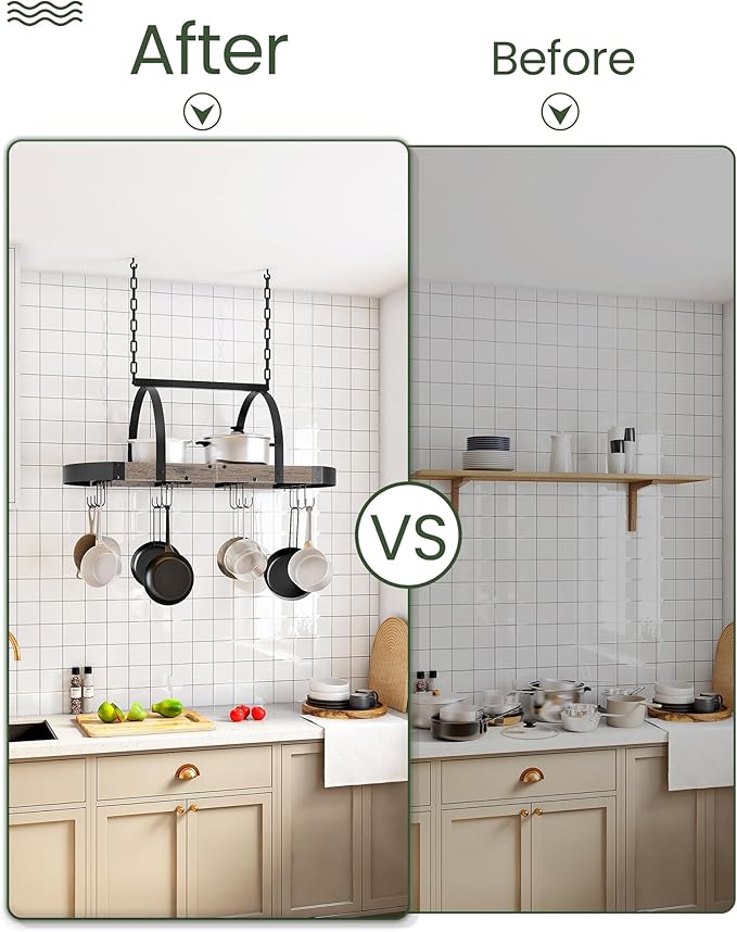 Hanging Pot Rack, Pot Hanger for Kitchen, Ceiling Mounted Pot Holder, Cookware Organizer with 12 S-Shaped Hooks, for Pot, Pan Storage, Space-Saving, Greige and Black TPR08BGC1