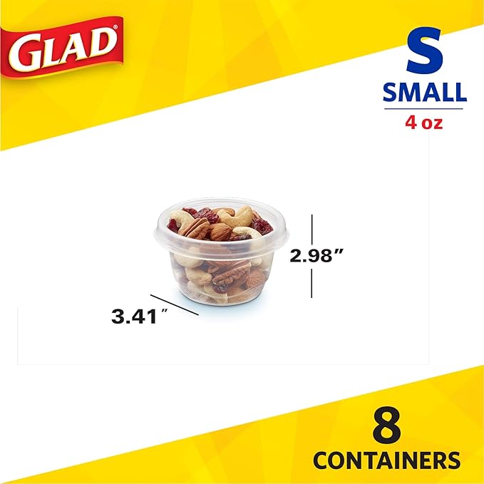 Glad Food Storage Containers, Mini Round (4 Oz) | Small Food Storage Containers for Snacks and Single Serving Use | Glad Food Containers , 8 Count (Pack of 12)