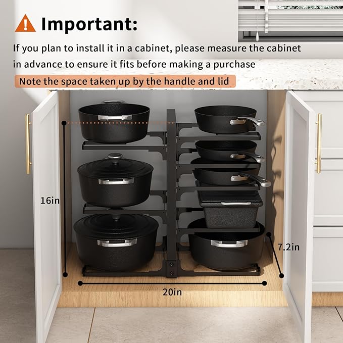 Adjustable Pots and Pans Organizer Under Cabinet, 8-Tier Pot and Pan Organizers Inside Cabinet, Kitchen Cabinet Organizers and Storage, Black
