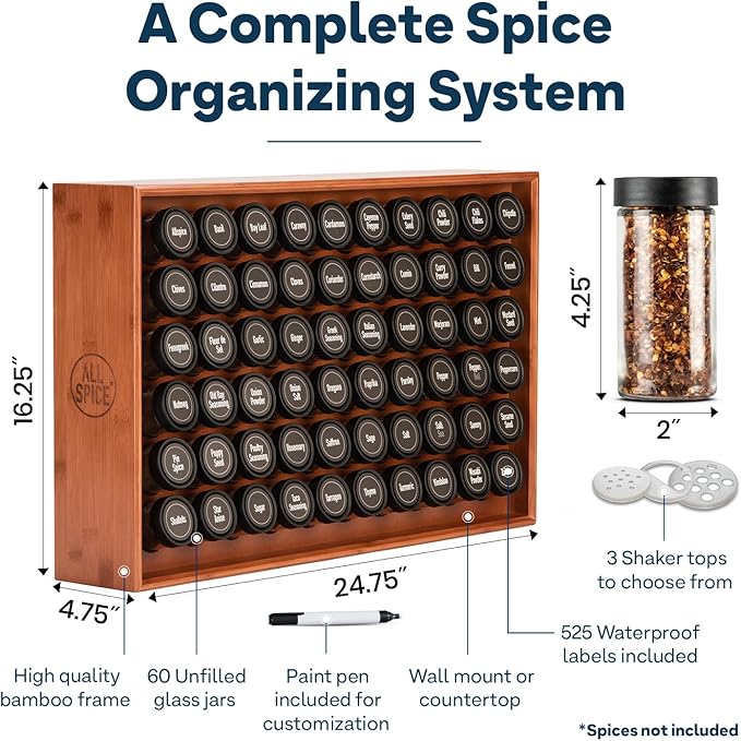 AllSpice Wood Spice Rack Organizer, 525 Unique Labels, Countertop or Wall Mount, Includes 60 4oz Jars- Cherry Stain