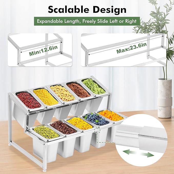 Meticuloso Expandable Spice Rack Stainless Steel Organizer Shelf for Sauce Ingredients Fruits, for Kitchen Pantry Use,10 Spoons,10 Lids&10 Buckets