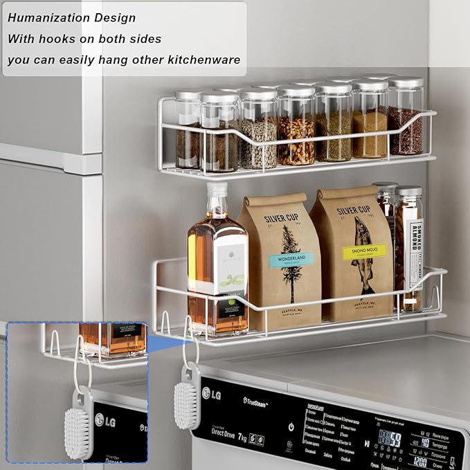 Magnetic Spice Rack for Refrigerator,8 Pack Magnetic Fridge Shelf, Moveable Spice Organizer with Hook Rack, Paper Towel Holder, Utensil Holder,cup lid holder, Super Magnetic Rack Set (White)
