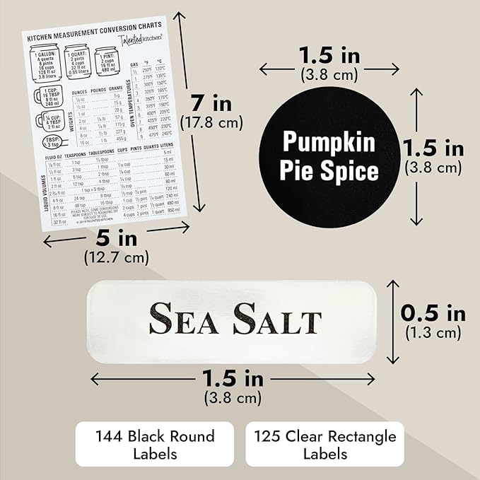Talented Kitchen 24 Magnetic Spice Jars with Sift-and-Pour Lids for Refrigerator with 6 Metal Plate Bases and 269 Preprinted Seasoning Labels in 2 Styles for 3 oz Herb Containers