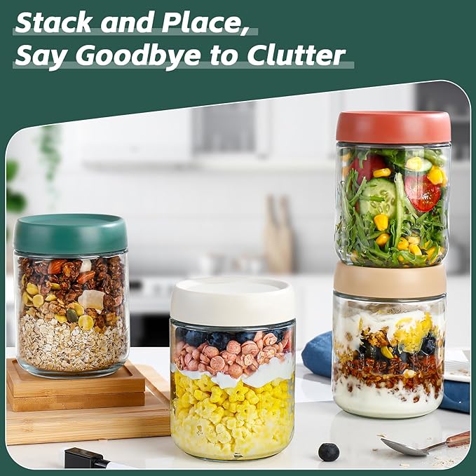 DIMBRAH Overnight Oats Containers with Lids, Mason Jars 16 oz with Lids - Set Of 4, Glass Jar with Lid, Practical Oatmeal Container to Go, Chia Seed Pudding Jars