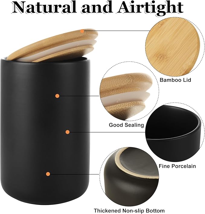 Acrux7 2 Pack Black Ceramic Jars Canisters Set 16oz and 32oz Airtight Coffee Container with Bamboo Sealing Lids, Airtight Kitchen Canisters for Countertop, Coffee, Flour, Sugar, Tea