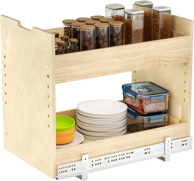 LOVMOR Adjustable Pull Out Cabinet Organizer 13½” W x 18½”H 2-Tier Narrow Cabinet Drawers Slide Out with Soft Close Wood Spice Rack for Narrow Cabinet