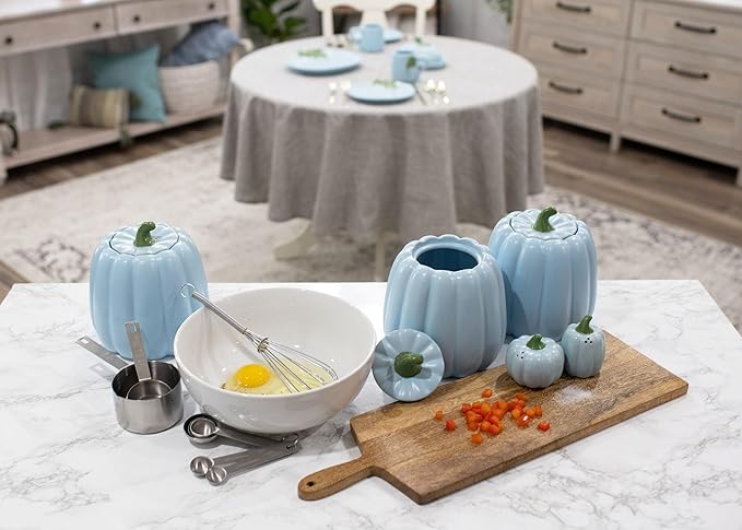 Nat & Jules Pumpkin Shaped 6 x 6 Inch Ceramic Storage Canisters: Perfect for Halloween, Thanksgiving and Indoor Fall Table Décor & Centerpieces - Set of 3, Powder Blue