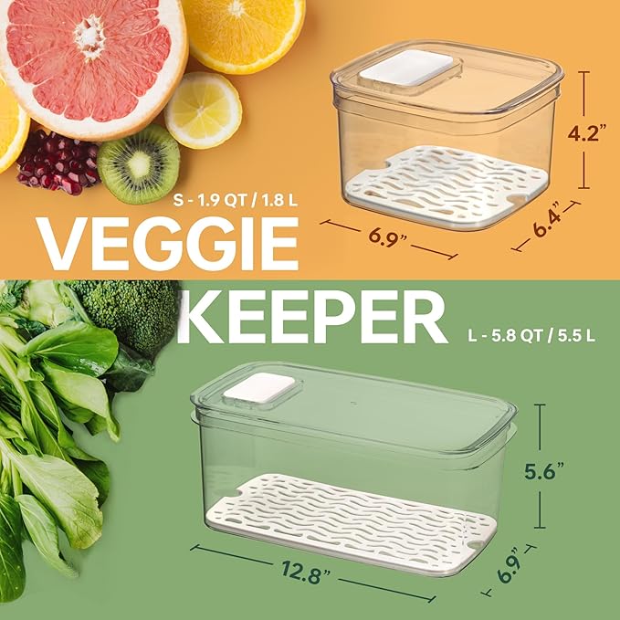 Felli Veggie Keeper Container for Fridge with Air Vent + Drain Tray, SPACIOUS Vegetable Fruit Bin for LONG LARGE Produce Lettuce Cabbage Celery Cucumber Storage for Refrigerator, Keep Fresh Long