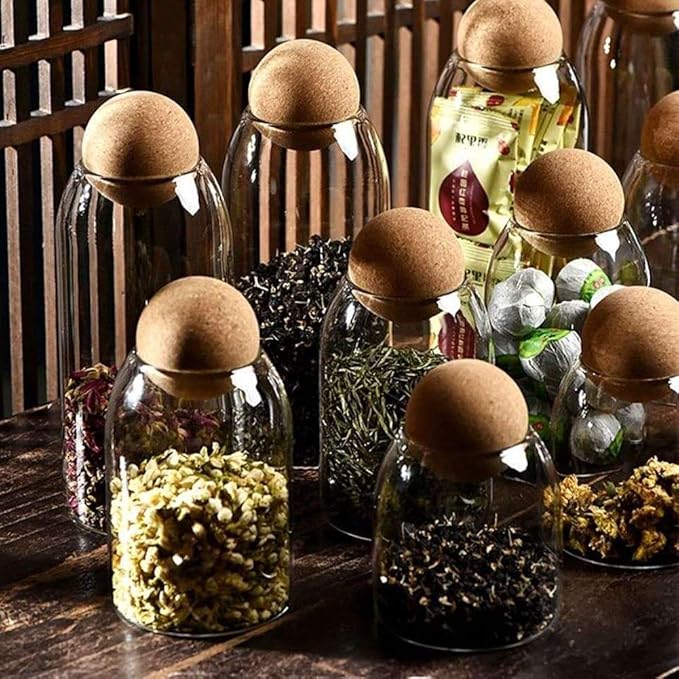 1200ML/40Oz Clear Glass Storage Cute Canister Holder Ball Wood Cork Top, Modern Decorative Cylinder Container Jar with Round Lid for Coffee, Spice, Candy, Salt, Cookie Cool Terrarium Bottle