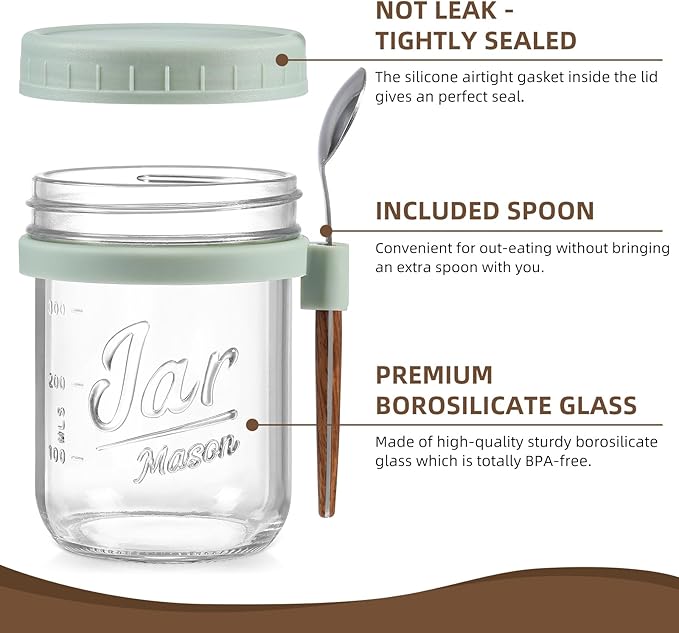 LANDNEOO 6 Pack Overnight Oats Containers with Lids and Spoons, 16 oz Glass Mason Overnight Oats Jars, Large Capacity Airtight Jars for Milk, Cereal, Fruit(Green)