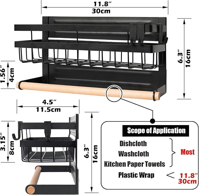 Sleclean Magnetic Spice Rack for Refrigerator Magnetic Paper Towel Holder Shelf Fridge Magnet Organizer Spice Rack Organizer Kitchen Organization Kitchen Storage,black