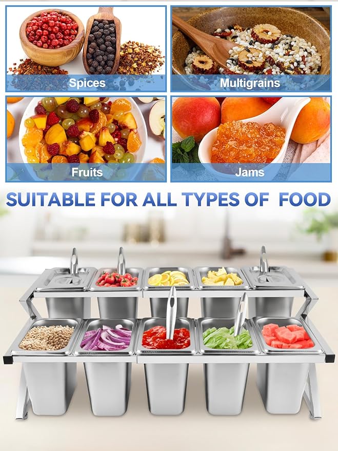 Lanstics 10 Pans Spice Rack Shelf 2 Row Adjustable Stainless Steel Spice Organizer Stand with Spoons Countertop Inclined Holder Buffet Containers Set for Sauce Jam Ingredient Kitchen Restaurant Pantry