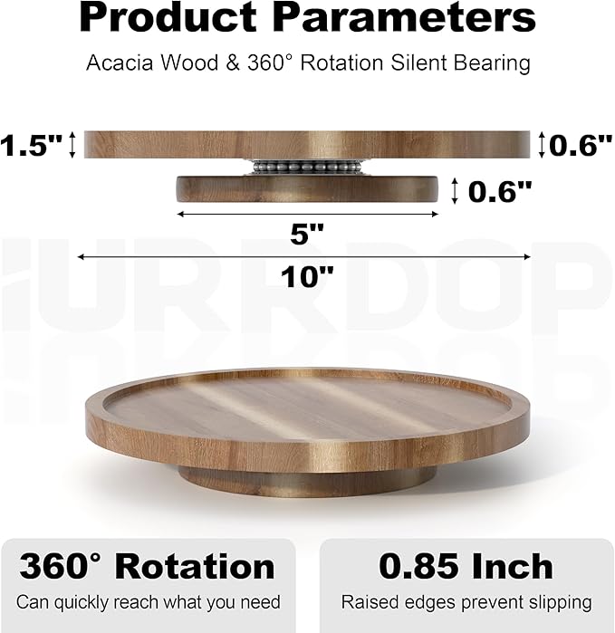 10 inch Wooden Lazy Susan Turntable, Acacia Wood Spinning Organizer for Dining Table, Cabinet, Fridge, countertop, Pantry