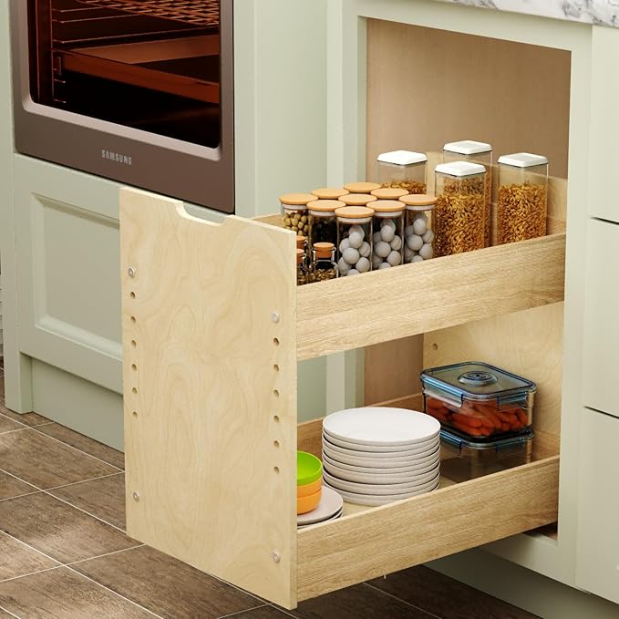 LOVMOR Adjustable Pull Out Cabinet Organizer 13½” W x 18½”H 2-Tier Narrow Cabinet Drawers Slide Out with Soft Close Wood Spice Rack for Narrow Cabinet