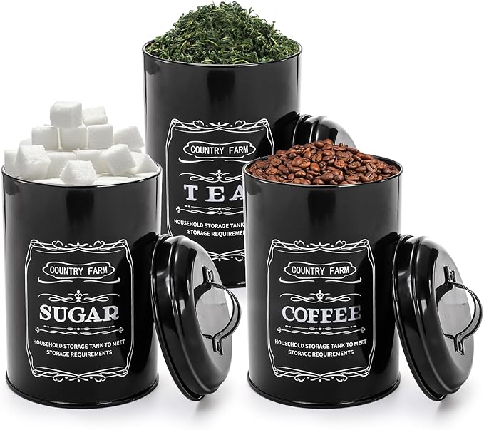 yarlung Metal Bread Box with 3 Kitchen Canisters Set, Large Black Farmhouse Bread Tin for Kitchen Countertop, Coffee Tea Sugar Canister with Lid for Pantry Organizer Home Storage