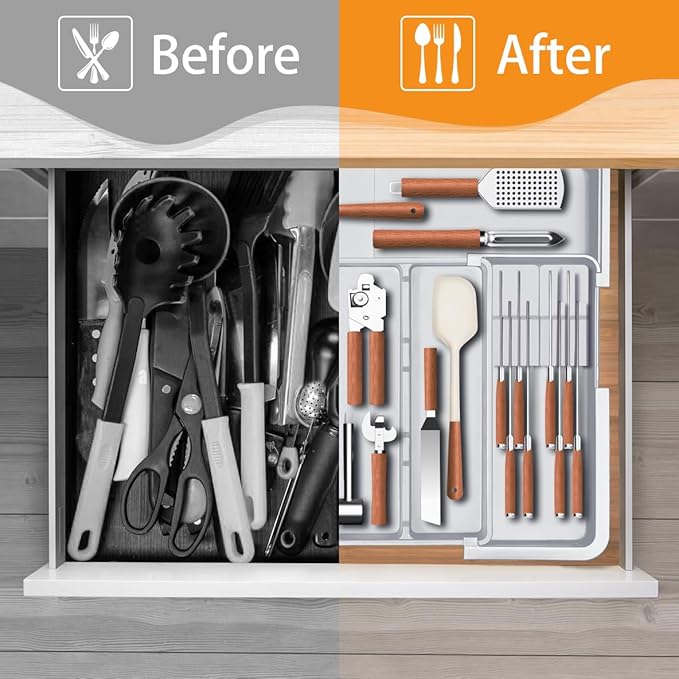 Large Utensil Organizer for Kitchen Drawer, Expandable Silverware Drawer Organizer Cooking Tray, Cutlery and Flatware Utensil Holder Kitchen Spatula Tools Storage with 3 Dividers, Grey