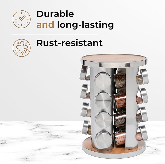 Rotatable Spice Seasoning Organizer Rack with 16 Glass Jars, Ideal for Storing Spices, Salt, Pepper, Sugar and Dry Ingredients
