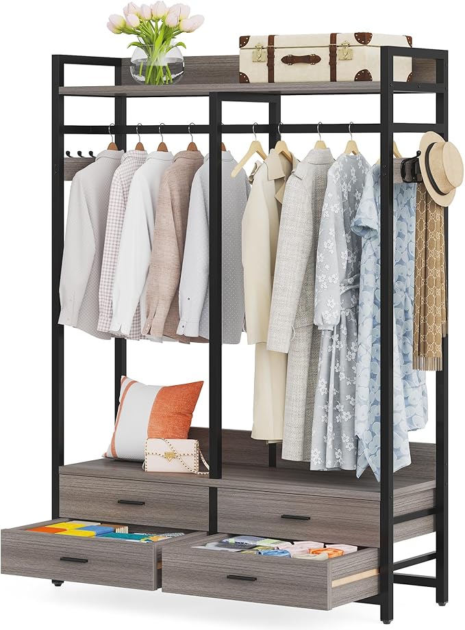 Tribesigns Freestanding Closet Organizer for Hanging Clothes, Heavy Duty Garment Rack with 4 Drawers, 8 Hooks and Storage Shelves, Wardrobe Closet Clothing Rack for Bedroom, Living Room, Grey