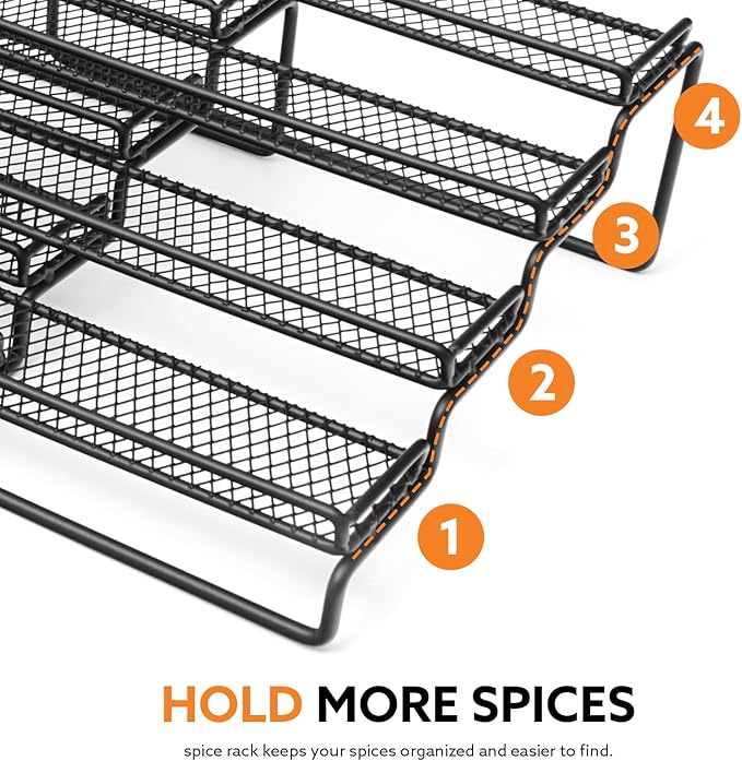 2 Pack Spice Rack Organizer for Cabinet, 4 Tier Expandable Seasoning Organizer Shelf, Spice Holder with Protection Railing, Metal, Black