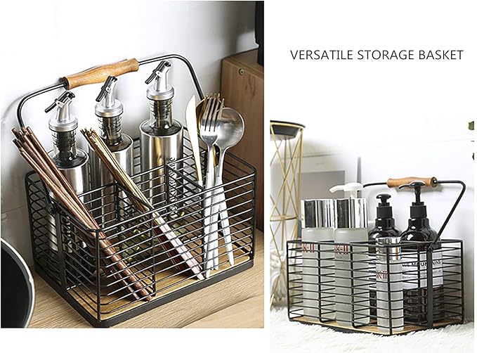 VANRA Utensil Holder Kitchen Condiment Organizer Utensil Caddy Storage Basket Organizer Metal Flatware Caddy with Wood Handle, Black