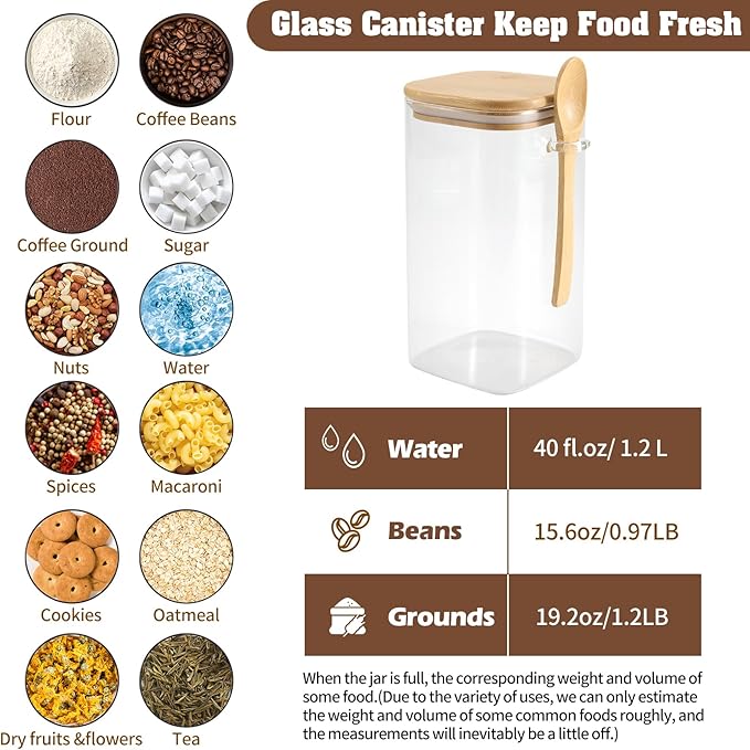 Glass Square Storage Jar with Bamboo Lids Spoons Glass Coffee Canister 40 Oz (1200 mL) Borosilicate Glass Food Container for Coffee Beans Nut Pasta Sugar Candy Spice Rice Loose Tea