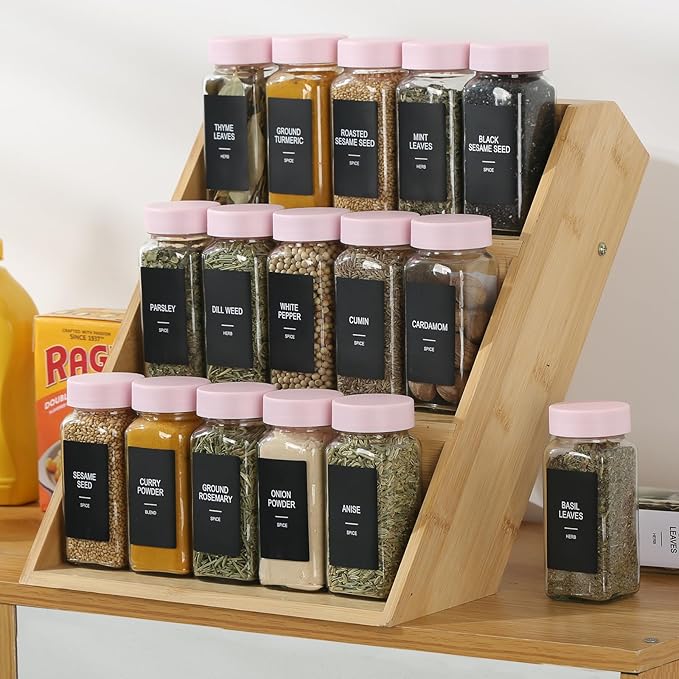 36 Glass Spice Jars with Labels,Spice Jar Set,4oz Seasoning Containers,Spice Containers with Pink Airtight Lids and Shaker Lids,Square Empty Spice Bottles, 492 Labels,2 Marker Pens,1 Funnel