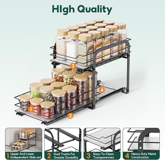 Spice Rack Organizer for Cabinet - 2-Tier Vertical Pull Out Spice Rack, Heavy Duty Metal Spice Shelf with Easy to Install Design, Fits Countertop, Cabinet & Pantry