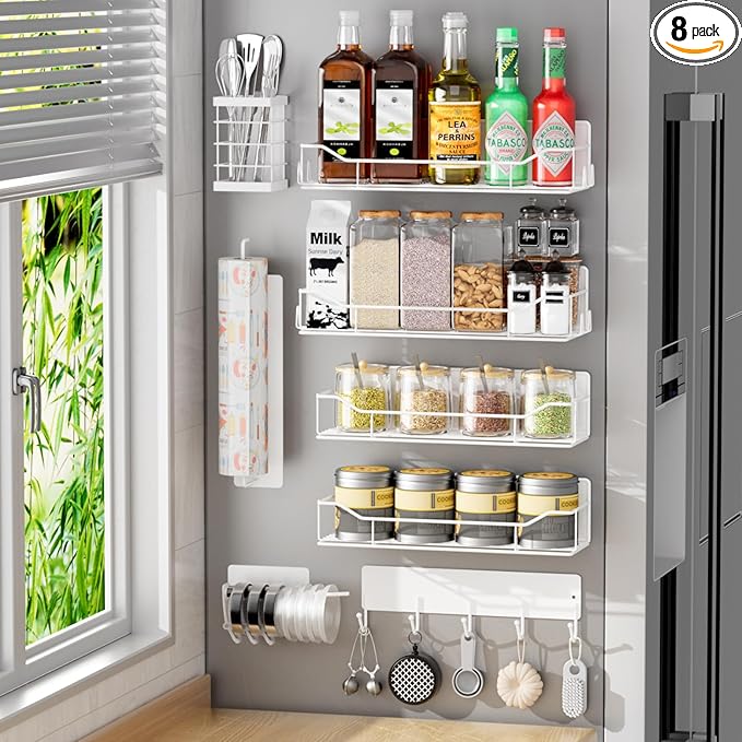 Magnetic Spice Rack for Refrigerator,8 Pack Magnetic Fridge Shelf, Moveable Spice Organizer with Hook Rack, Paper Towel Holder, Utensil Holder,cup lid holder, Super Magnetic Rack Set (White)