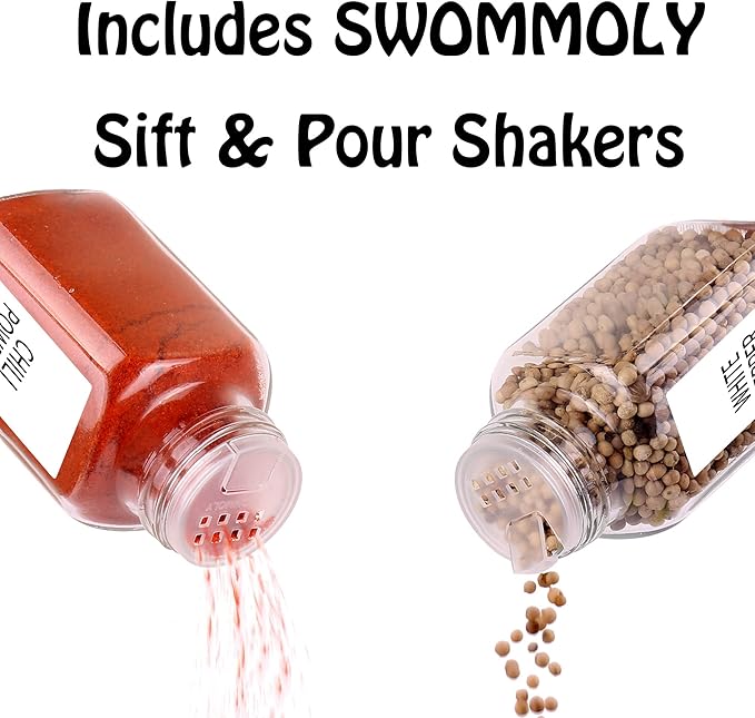 SWOMMOLY 24 Glass Spice Jars with 366 Labels, 6 oz Spice Jars with Bamboo Lids, Empty Bottles with Shaker Lids, Spice Containers with White Spice Labels,Chalk Marker, Funnel.