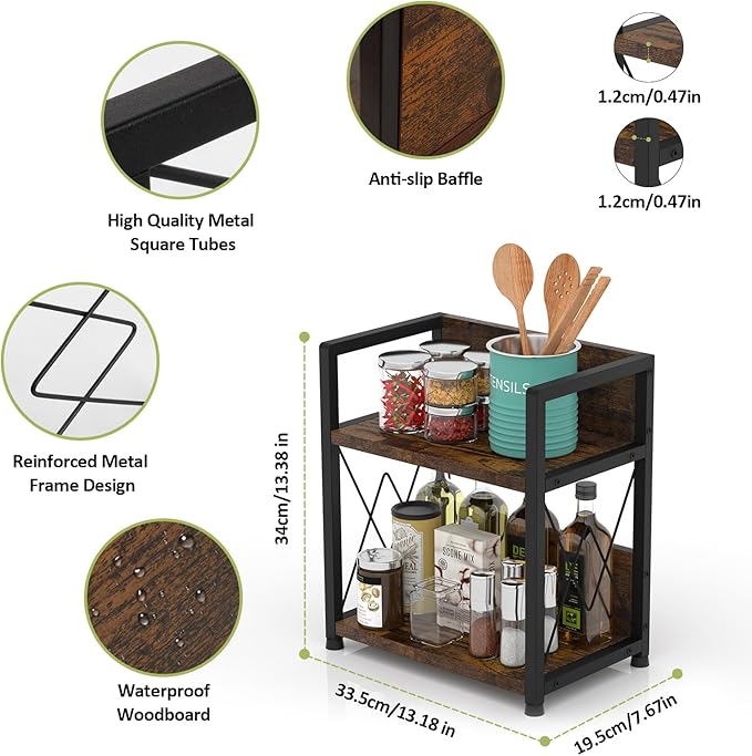 Aduanbang Coffee Bar Accessories Organizer, 2 Tier Wooden Kitchen Counter Shelf, Coffee Organizer Station for Countertop, Condiment Rack for Mugs, Cups, Cream, Syrup