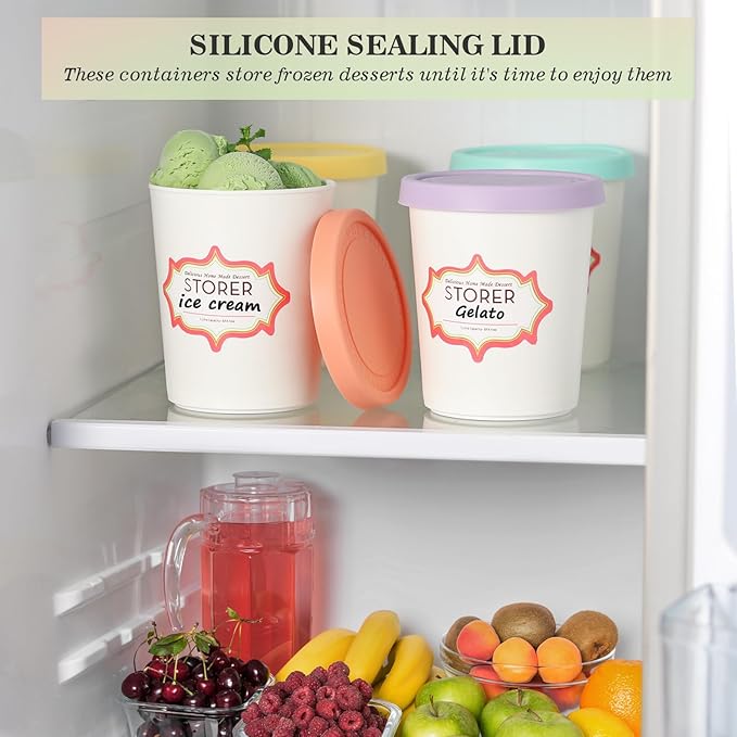 Set of 4 Ice Cream Containers for Homemade Ice Cream(1 Quart Each),Reusable Plastic Storage Containers Cups with Lids for Freezer,Stackable Storage Container for Gelato,Yogurt, Sorbet