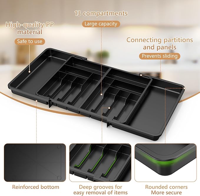 Large Silverware Drawer Organizer-Expandable From 22 to 36in-BPA Free Plastic Utensil Tray for Kitchen-Adjustable Flatware and Cutlery Holder for Spoons Forks Knives